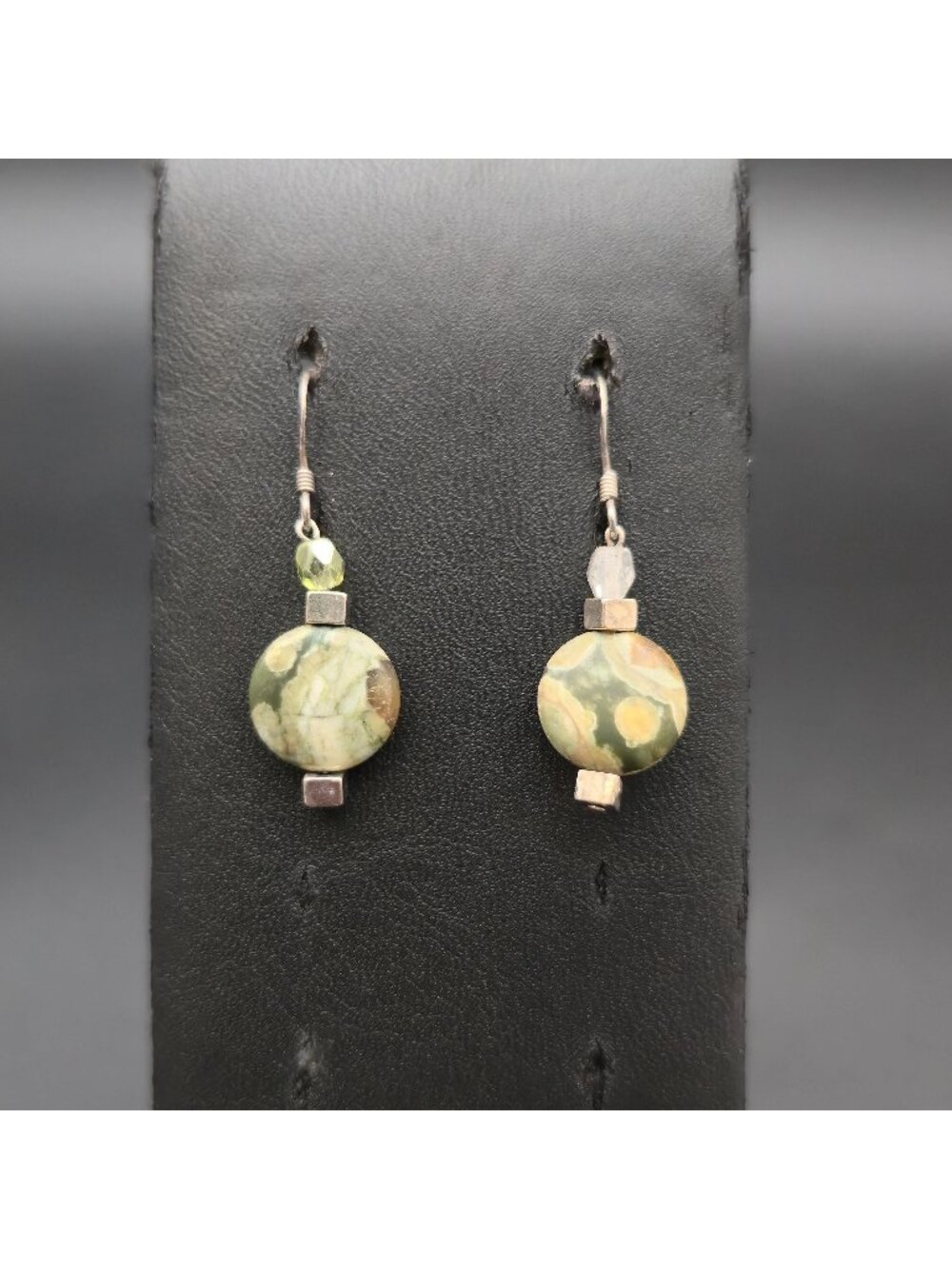 Sterling Silver Rainforest Rhyolite Jasper Flat Coin Bead Dangle Earrings A8559